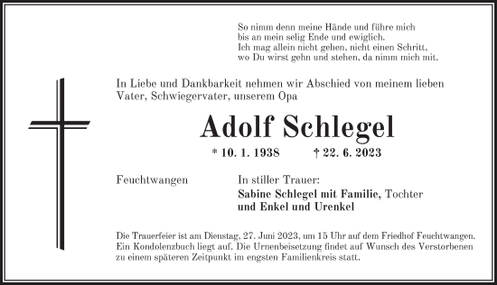 Traueranzeige von Adolf Schlegel von Dinkelsbühl/ Feuchtwangen