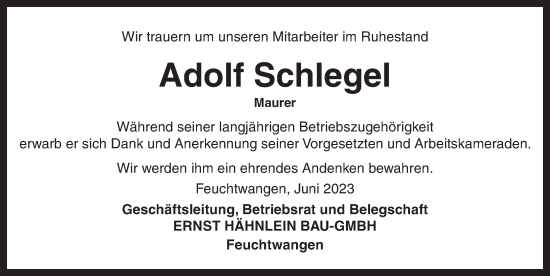 Traueranzeige von Adolf Schlegel von Dinkelsbühl/ Feuchtwangen