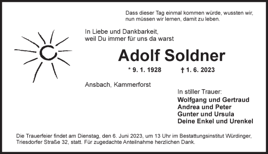 Traueranzeige von Adolf Soldner von Ansbach