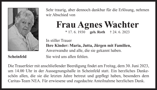 Traueranzeige von Agnes Wachter von Neustadt/ Scheinfeld/ Uffenheim