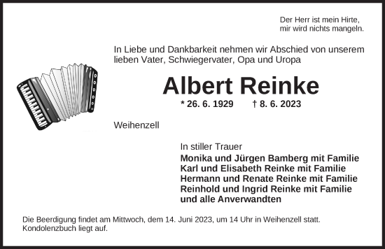 Traueranzeige von Albert Reinke von Ansbach