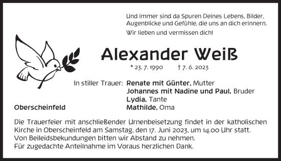 Traueranzeige von Alexander Weiß von Neustadt/ Scheinfeld/ Uffenheim