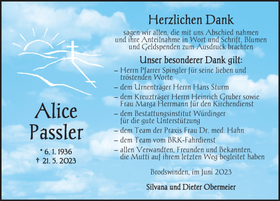 Traueranzeige von Alice Passler von Ansbach