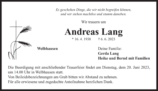 Traueranzeige von Andreas Lang von Neustadt/ Scheinfeld/ Uffenheim