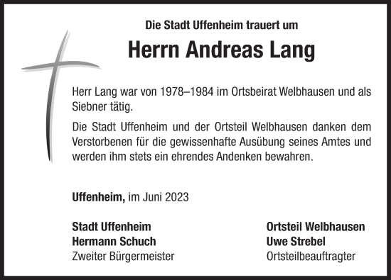 Traueranzeige von Andreas Lang von Neustadt/ Scheinfeld/ Uffenheim