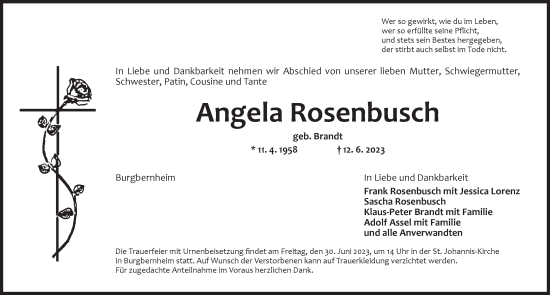 Traueranzeige von Angela Rosenbusch von Neustadt/ Scheinfeld/ Uffenheim