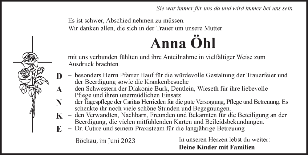  Traueranzeige für Anna Öhl vom 03.06.2023 aus Dinkelsbühl/ Feuchtwangen