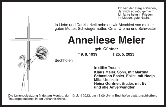 Traueranzeige von Anneliese Meier von Dinkelsbühl/ Feuchtwangen