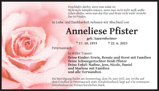 Traueranzeige von Anneliese Pfister von Ansbach