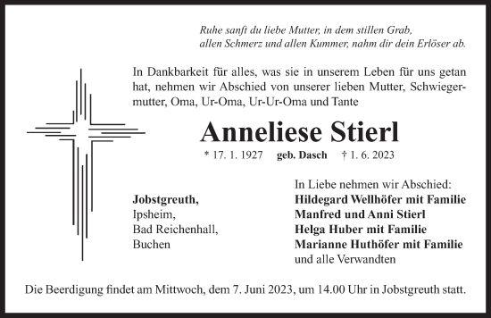 Traueranzeige von Anneliese Stierl von Neustadt/ Scheinfeld/ Uffenheim
