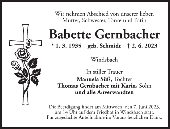 Traueranzeige von Babette Gernbacher von Ansbach