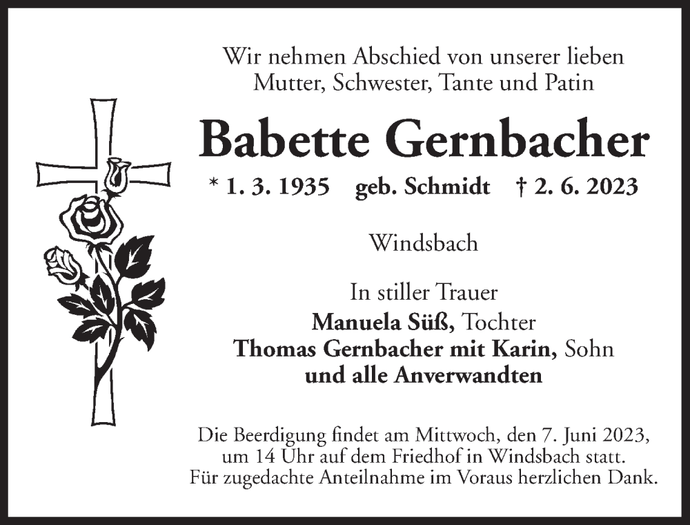  Traueranzeige für Babette Gernbacher vom 05.06.2023 aus Ansbach