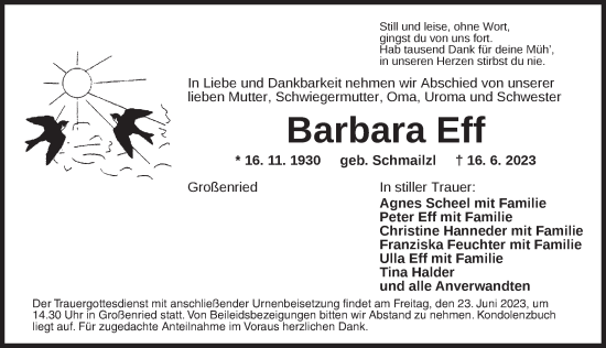 Traueranzeige von Barbara Eff von Ansbach