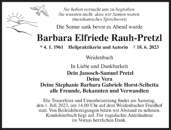 Traueranzeige von Barbara Elfriede Rauh-Pretzl von Ansbach