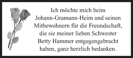 Traueranzeige von Betty Hammer von Neustadt/ Scheinfeld/ Uffenheim