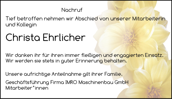 Traueranzeige von Christa Ehrlicher von Neustadt/ Scheinfeld/ Uffenheim