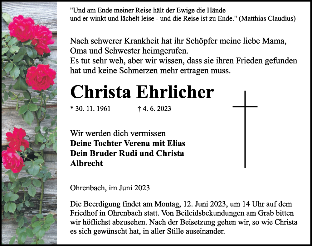  Traueranzeige für Christa Ehrlicher vom 07.06.2023 aus Rothenburg