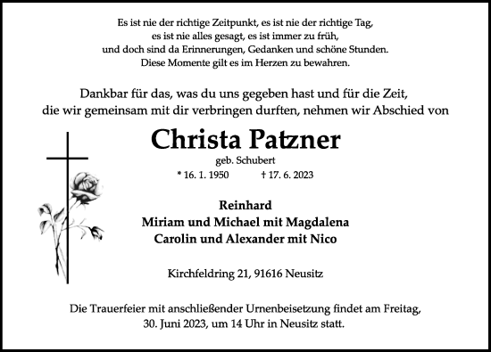 Traueranzeige von Christa Patzner von Rothenburg