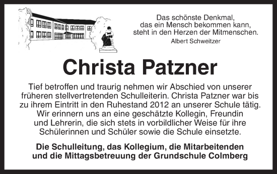 Traueranzeige von Christa Patzner von Ansbach