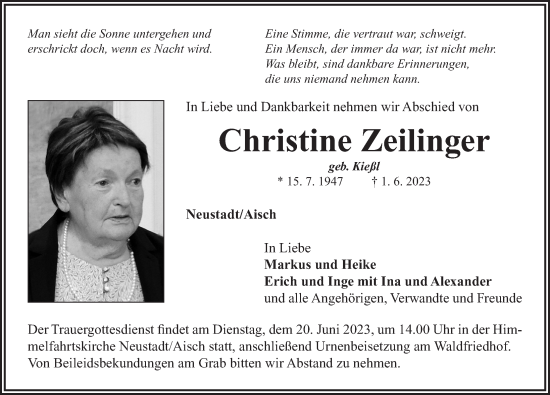 Traueranzeige von Christine Zeilinger von Neustadt/ Scheinfeld/ Uffenheim