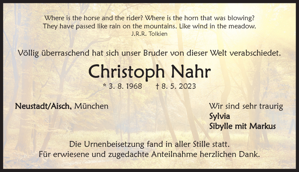  Traueranzeige für Christoph Nahr vom 23.06.2023 aus Neustadt/ Scheinfeld/ Uffenheim