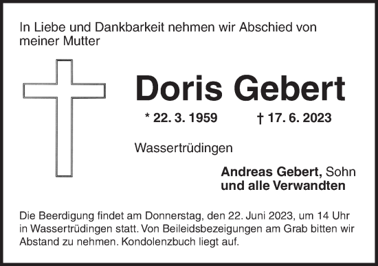 Traueranzeige von Doris Gebert von Dinkelsbühl/ Feuchtwangen