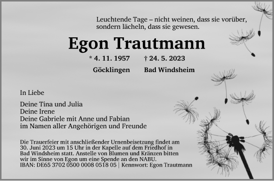 Traueranzeige von Egon Trautmann von Neustadt/ Scheinfeld/ Uffenheim