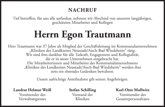 Traueranzeige von Egon Trautmann von Neustadt/ Scheinfeld/ Uffenheim