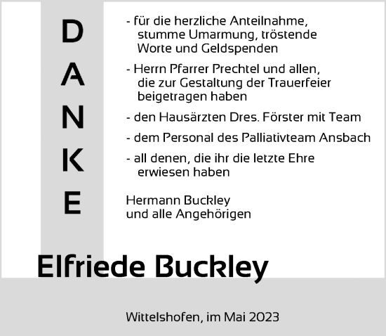 Traueranzeige von Elfriede Buckley von Dinkelsbühl/ Feuchtwangen