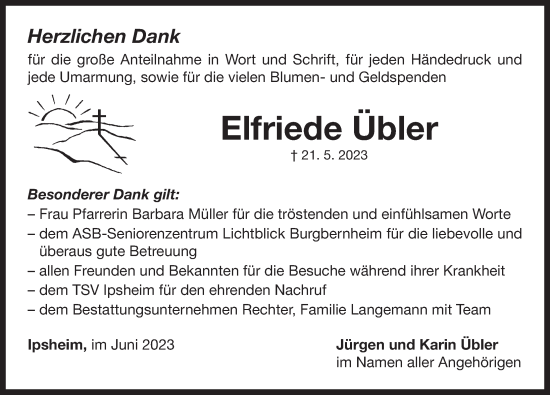 Traueranzeige von Elfriede Übler von Neustadt/ Scheinfeld/ Uffenheim