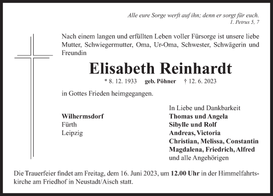 Traueranzeige von Elisabeth Reinhardt von Neustadt/ Scheinfeld/ Uffenheim