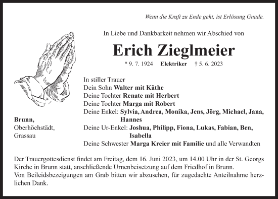 Traueranzeige von Erich Zieglmeier von Neustadt/ Scheinfeld/ Uffenheim