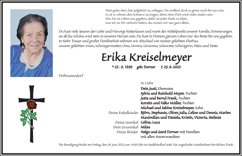  Traueranzeige für Erika Kreiselmeyer vom 27.06.2023 aus Ansbach