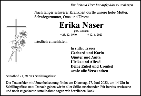 Traueranzeige von Erika Naser von Rothenburg