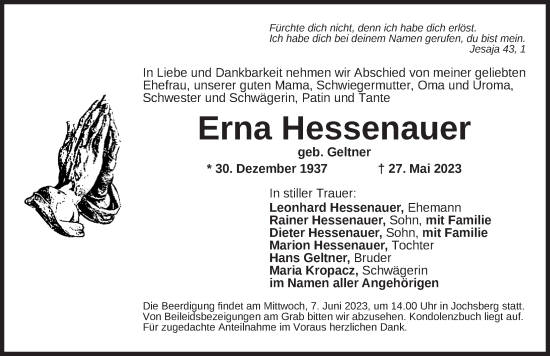 Traueranzeige von Erna Hessenauer von Ansbach