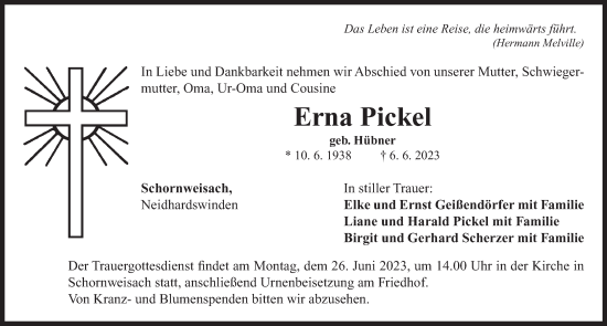 Traueranzeige von Erna Pickel von Neustadt/ Scheinfeld/ Uffenheim