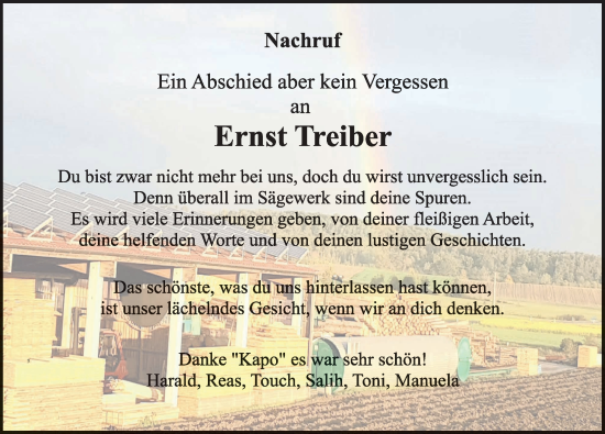 Traueranzeige von Ernst Treiber von Ansbach