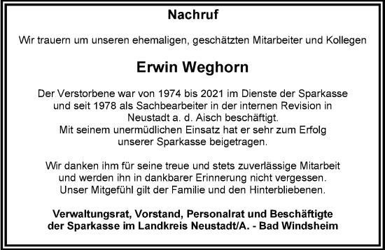 Traueranzeige von Erwin Weghorn von Neustadt/ Scheinfeld/ Uffenheim
