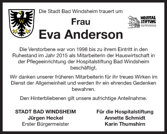 Traueranzeige von Eva Anderson von Neustadt/ Scheinfeld/ Uffenheim