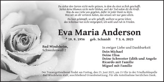 Traueranzeige von Eva Maria Anderson von Neustadt/ Scheinfeld/ Uffenheim