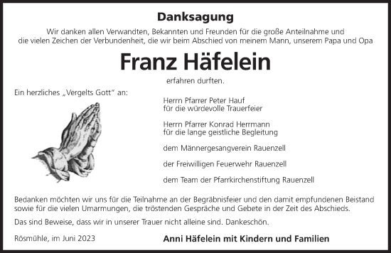 Traueranzeige von Franz Häfelein von Ansbach