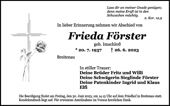 Traueranzeige von Frieda Förster von GE