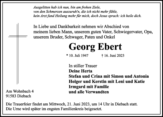 Traueranzeige von Georg Ebert von Rothenburg