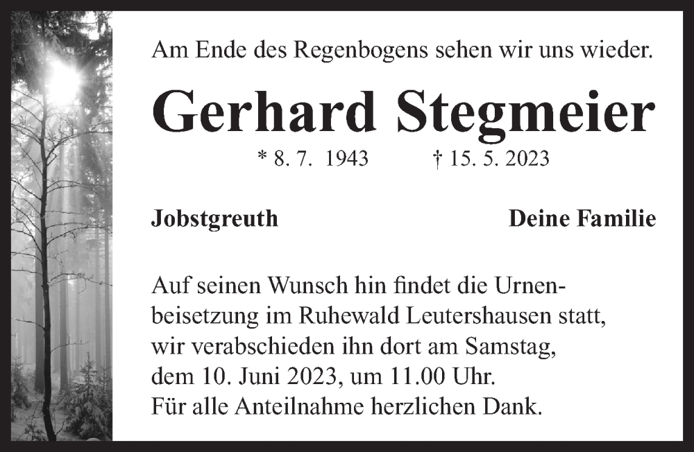  Traueranzeige für Gerhard Stegmeier vom 07.06.2023 aus Neustadt/ Scheinfeld/ Uffenheim
