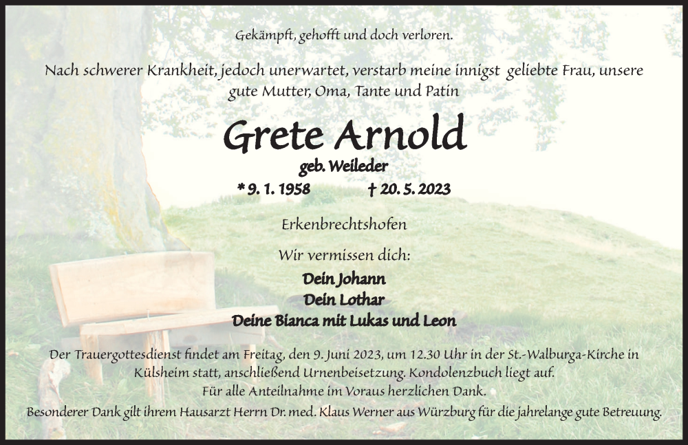  Traueranzeige für Grete Arnold vom 07.06.2023 aus Neustadt/ Scheinfeld/ Uffenheim