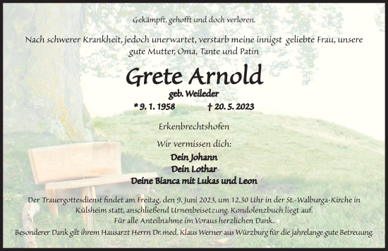 Traueranzeige von Grete Arnold von Neustadt/ Scheinfeld/ Uffenheim