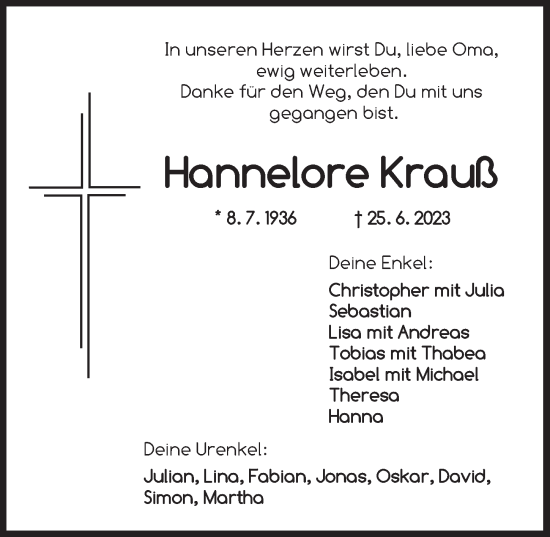 Traueranzeige von Hannelore Krauß von Dinkelsbühl/ Feuchtwangen