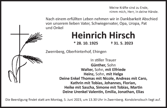 Traueranzeige von Heinrich Hirsch von Dinkelsbühl/ Feuchtwangen
