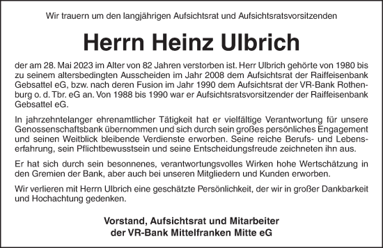 Traueranzeige von Heinz Ulbrich von Rothenburg