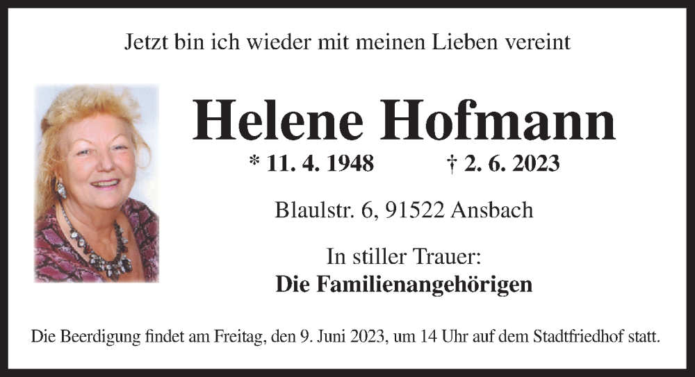  Traueranzeige für Helene Hofmann vom 03.06.2023 aus Ansbach